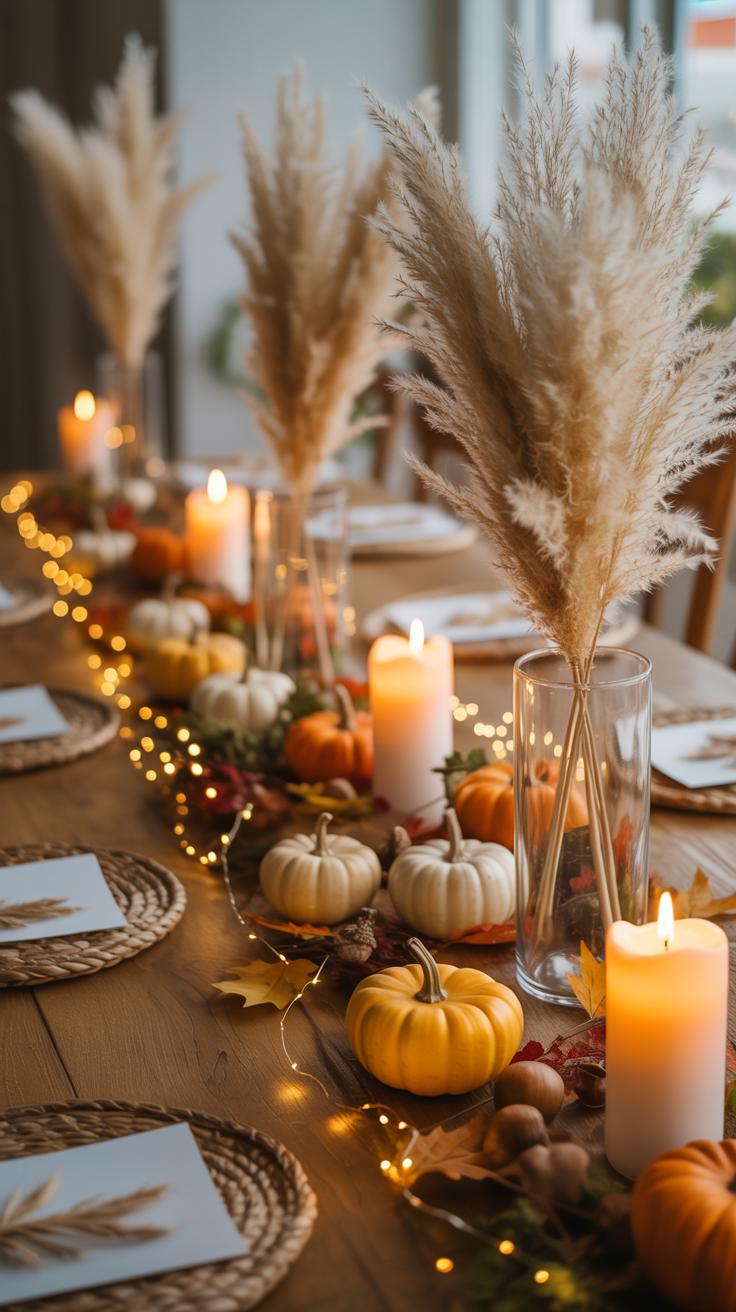 A fall-themed table setting with pumpkins, candles, and pampas grass, accented by string lights and autumn leaves.