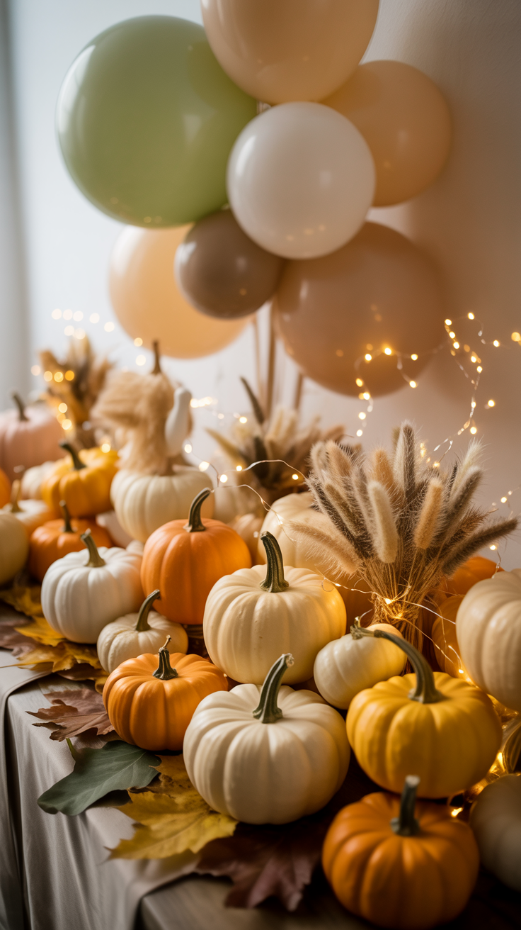 A festive arrangement of pumpkins, autumn leaves, and decorative lights on a table with balloons in the background.