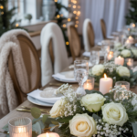 A festive dining table with candles, white roses, and greenery set for a gathering, with twinkling lights in the background.