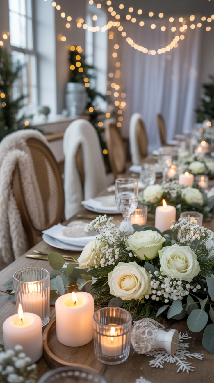 A festive dining table with candles, white roses, and greenery set for a gathering, with twinkling lights in the background.
