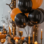 Halloween-themed display with black and orange balloons, lit candles, small pumpkins, and ceramic ghost decorations on a wooden table.
