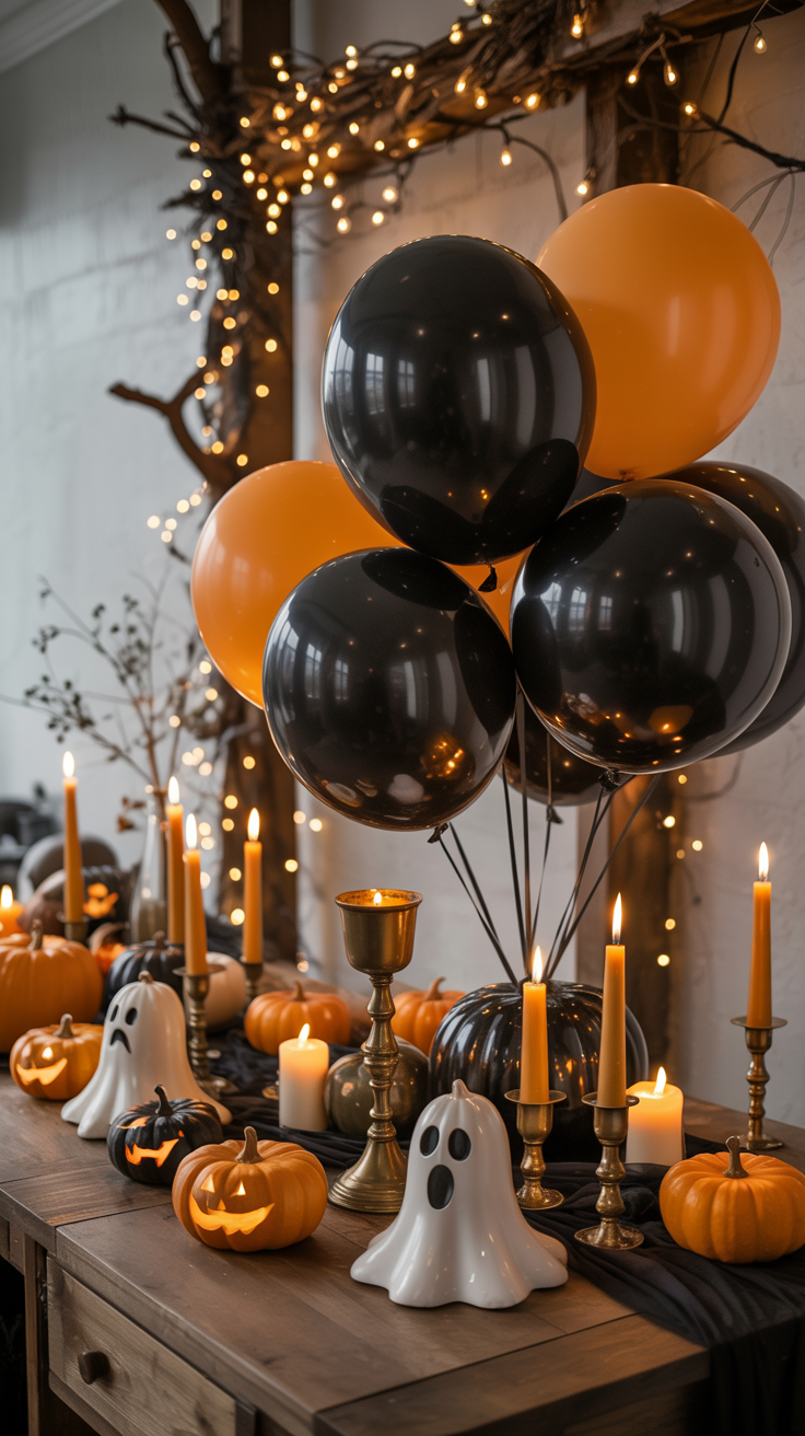 Halloween-themed display with black and orange balloons, lit candles, small pumpkins, and ceramic ghost decorations on a wooden table.