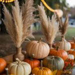 A festive display of various pumpkins and gourds on a table surrounded by pampas grass and illuminated by string lights.