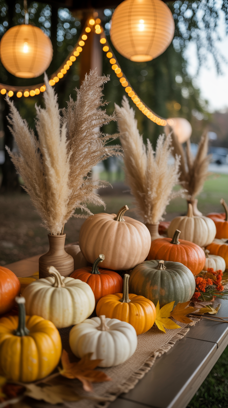 A festive display of various pumpkins and gourds on a table surrounded by pampas grass and illuminated by string lights.