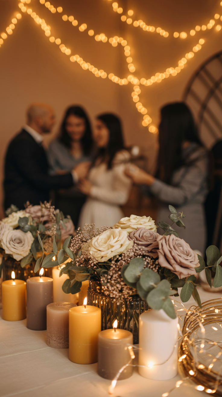 A decorated table with candles and floral arrangements is in the foreground, while people gather in a warmly lit background.
