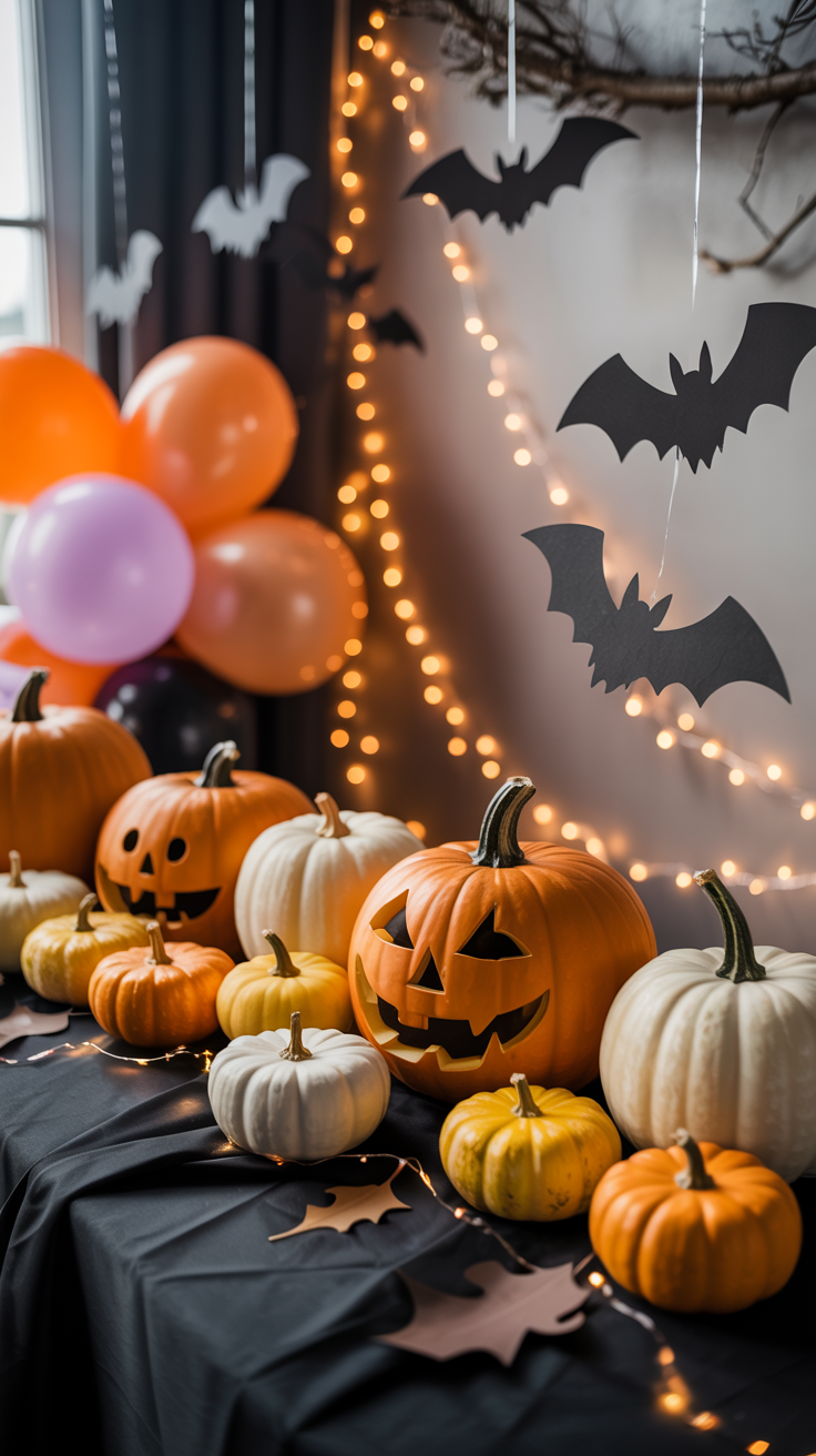 A Halloween-themed display with carved pumpkins, paper bats, and string lights on a table with a black cloth.