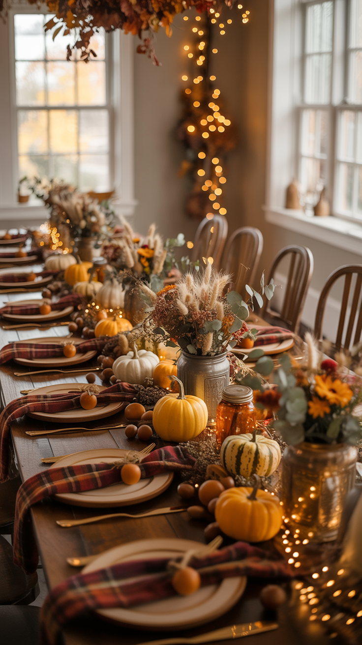 A festive autumn table setting with pumpkins, plaid napkins, and twinkling lights, creating a warm, cozy atmosphere.