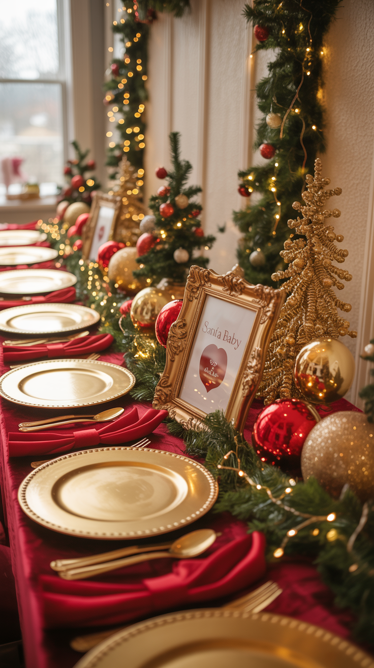 A festive holiday table setting with gold plates and red napkins, surrounded by garland, ornaments, and twinkling lights.