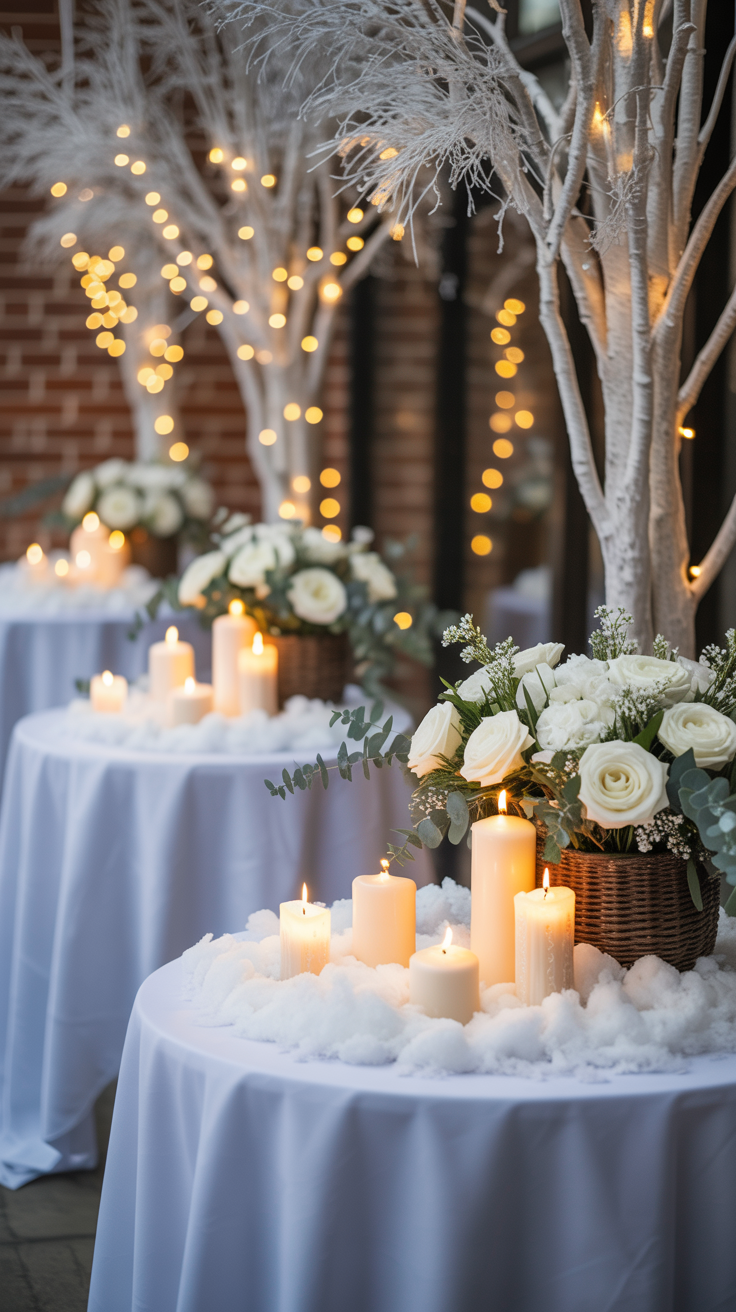 Tables are adorned with glowing candles, white flowers, and decorative white branches wrapped in twinkling lights.