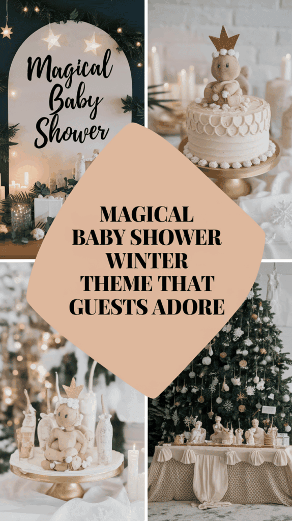 Collage of images showcasing a magical baby shower with a winter theme, featuring a sign reading 'Magical Baby Shower' surrounded by star lights and greenery, a decorated cake with a baby figurine crown topper, and a festive table setting with a Christmas tree.
