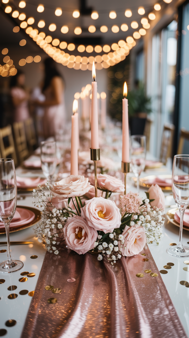 A elegantly set dining table with pink candles, floral arrangements of pink roses and baby's breath, and sparkling gold confetti. Soft bokeh lights hang in the background adding warmth to the ambiance.