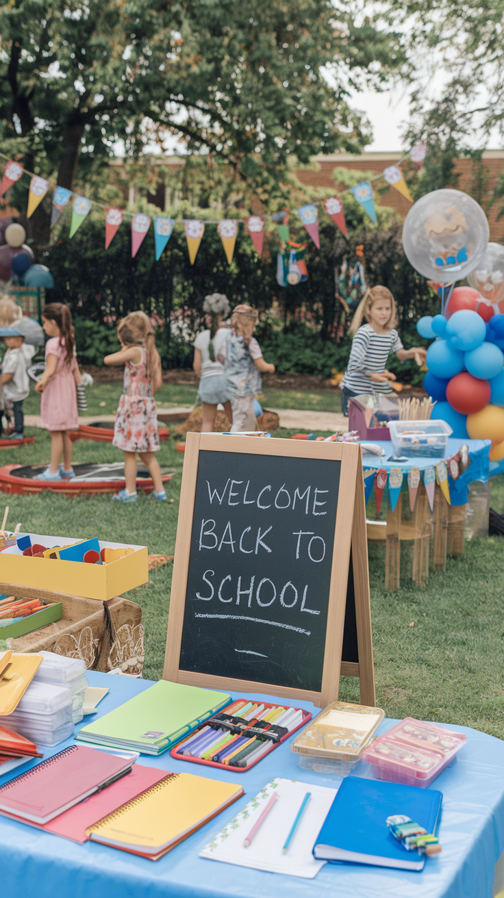 A "Welcome Back to School" sign on a chalkboard is displayed in front of a table with school supplies, including notebooks, markers, and pencils. In the background, children are playing in a festive outdoor setting with colorful balloons and bunting decorations.