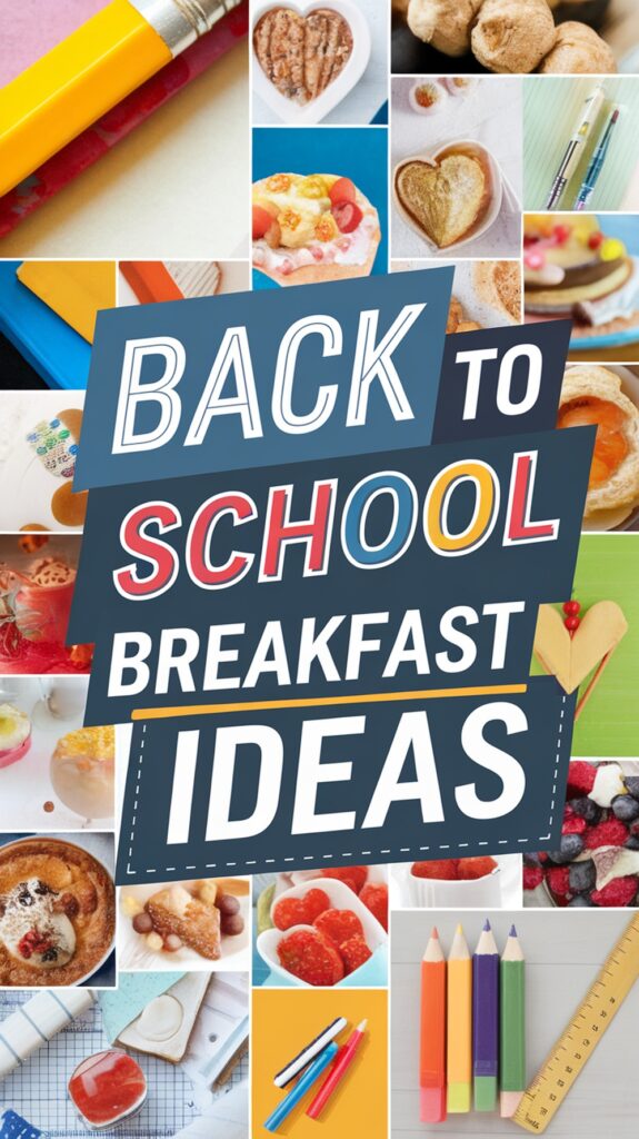 Collage of breakfast items and school supplies with the text "Back to School Breakfast Ideas."