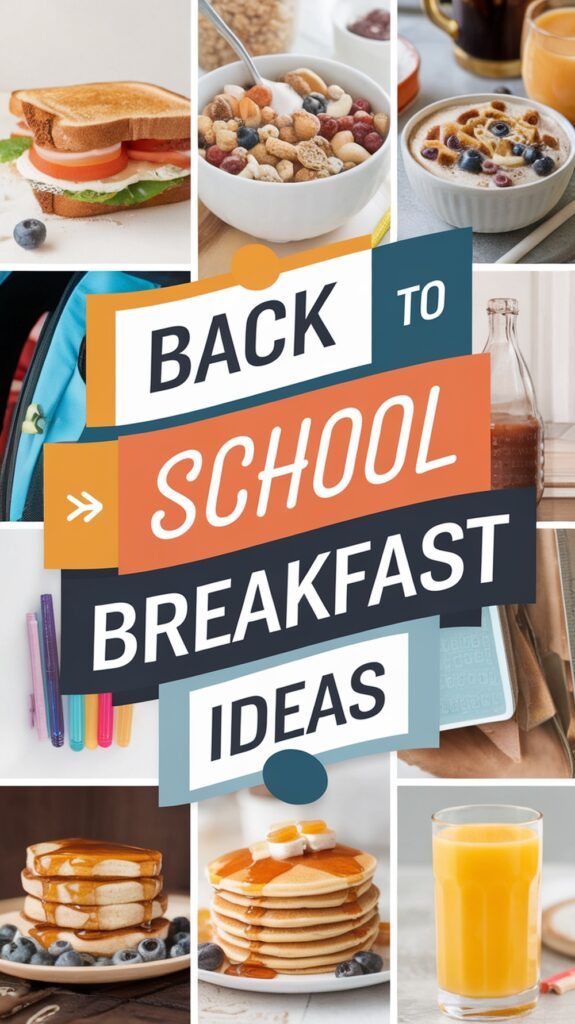 Collage of breakfast foods with a "Back to School Breakfast Ideas" text in the center.