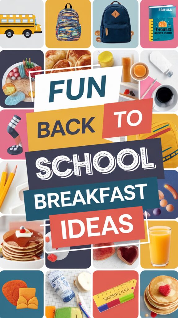Collage featuring various breakfast foods and items like a bus, backpack, and orange juice, with text reading "Fun Back to School Breakfast Ideas."
