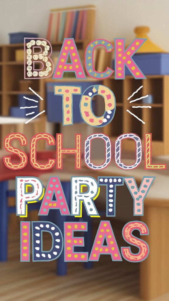 Text reads "Back to School Party Ideas" in colorful, patterned letters over a blurred classroom background.