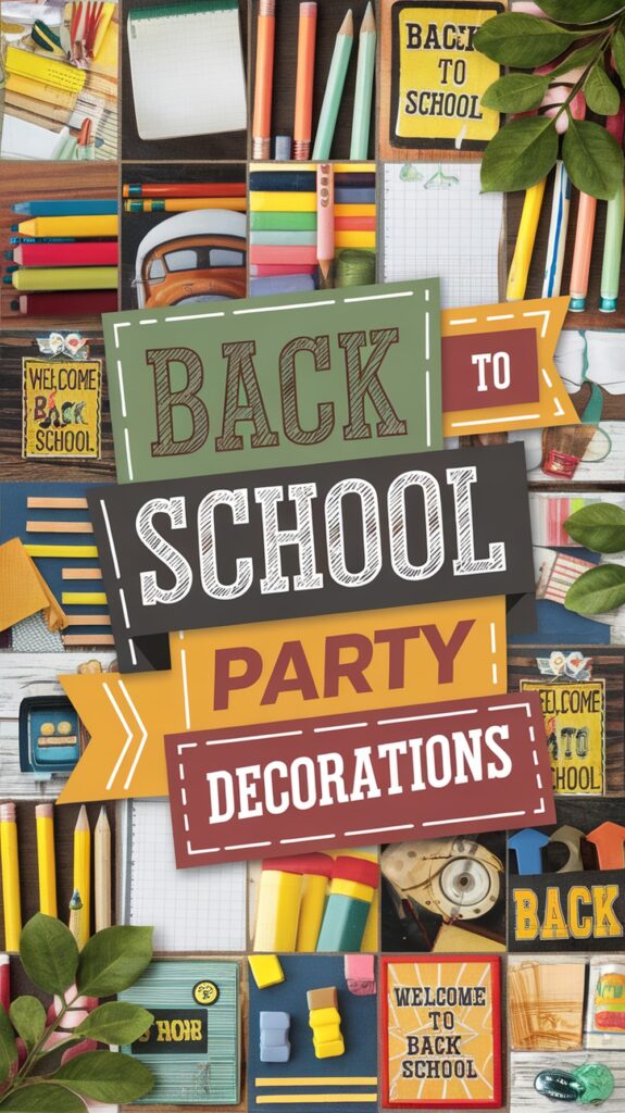 Back to School Party Decorations with school supplies, leaves, and themed signs arranged on a colorful surface.