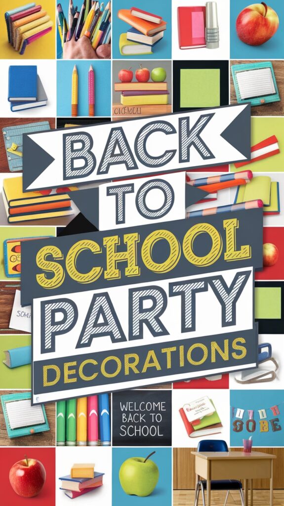 Collage of school supplies with text reading "Back to School Party Decorations" and "Welcome Back to School."