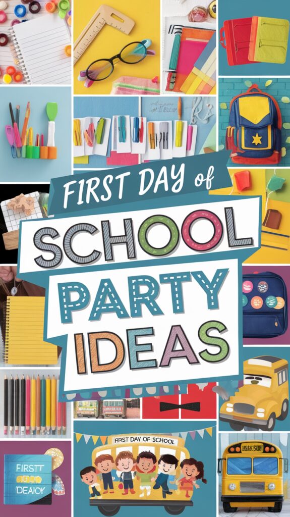 Collage of school supplies, a backpack, colorful pens, and text "First Day of School Party Ideas."