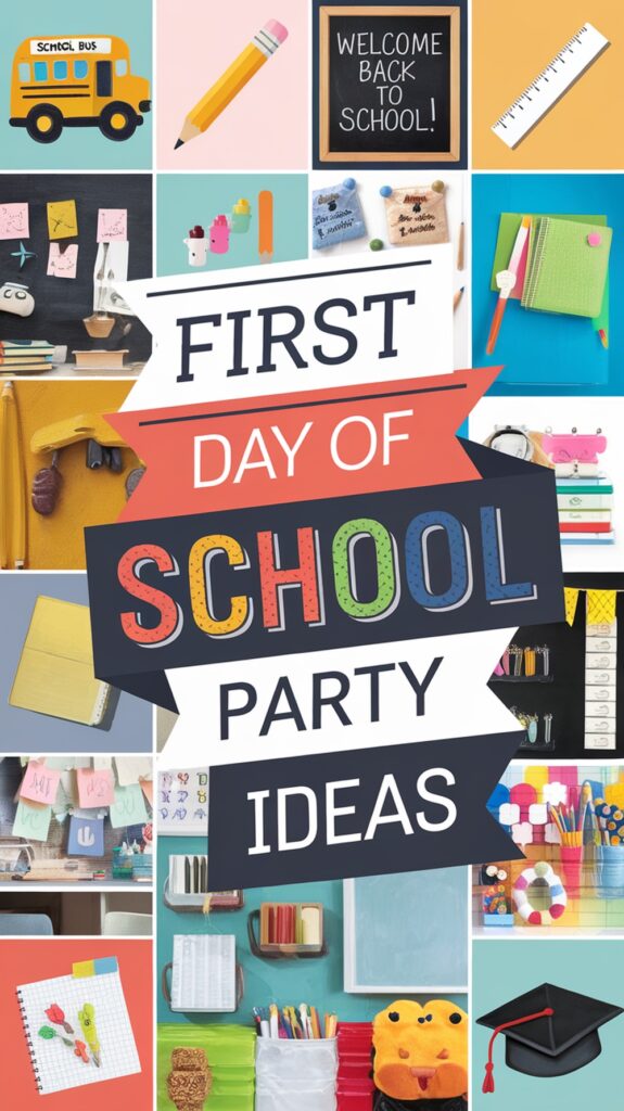 Collage of colorful school-themed items with the text "First Day of School Party Ideas" in the center.