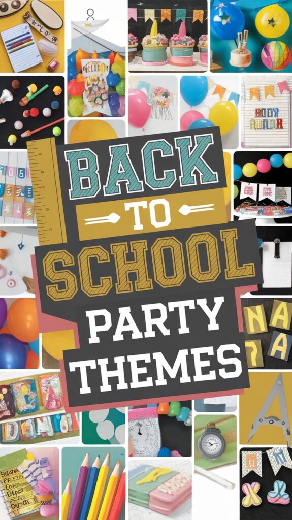 Collage featuring "Back to School Party Themes" with images of school supplies, balloons, cupcakes, and festive decorations.