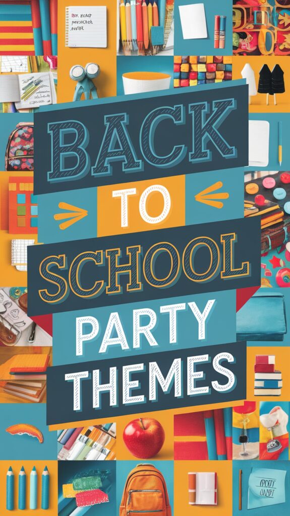 Collage of school supplies with text "Back to School Party Themes" in colorful, bold fonts.