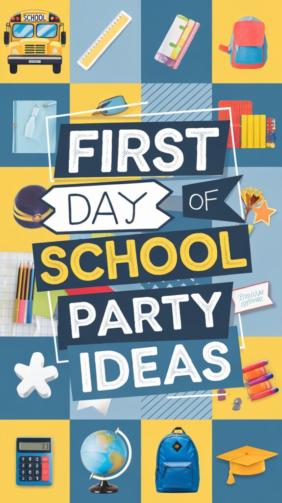 A colorful collage with school supplies and text that reads "First Day of School Party Ideas."