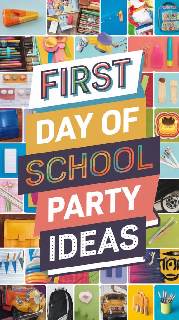 Collage of school supplies with the text "First Day of School Party Ideas" in colorful letters.