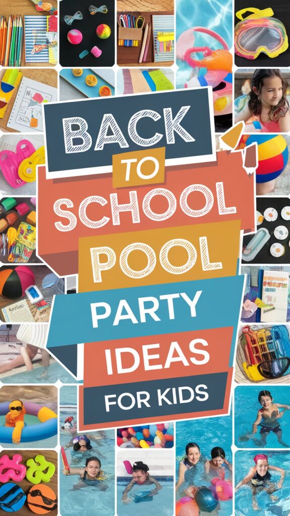 Collage of colorful pool toys, school supplies, and kids swimming, with "Back to School Pool Party Ideas for Kids" text at the center.