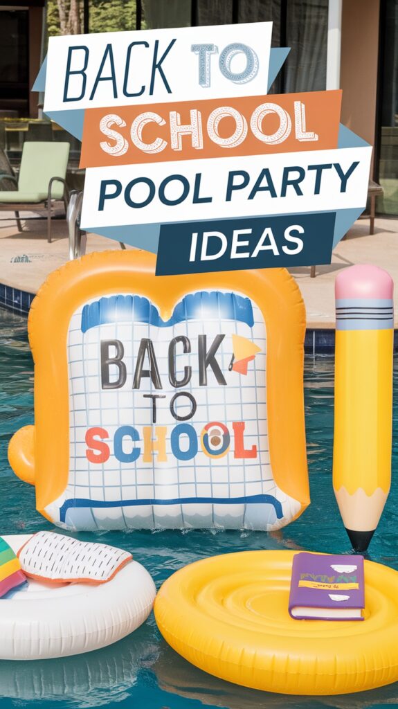 Inflatables shaped like school supplies float in a pool, with a "Back to School Pool Party Ideas" sign above.