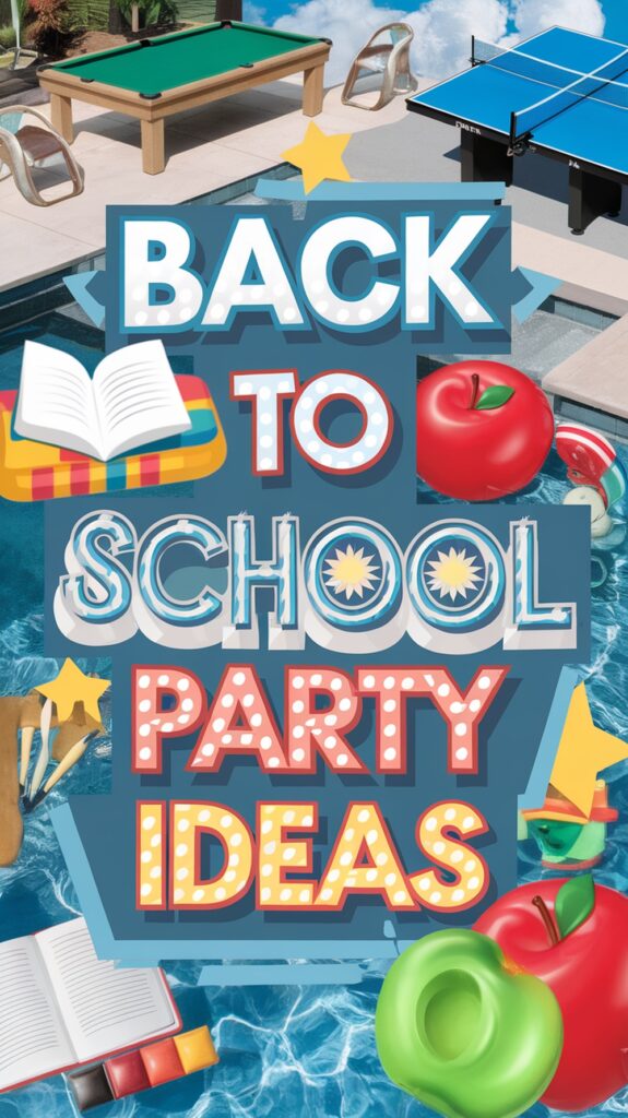 Collage of poolside games and study items with text "Back to School Party Ideas" in bright letters.
