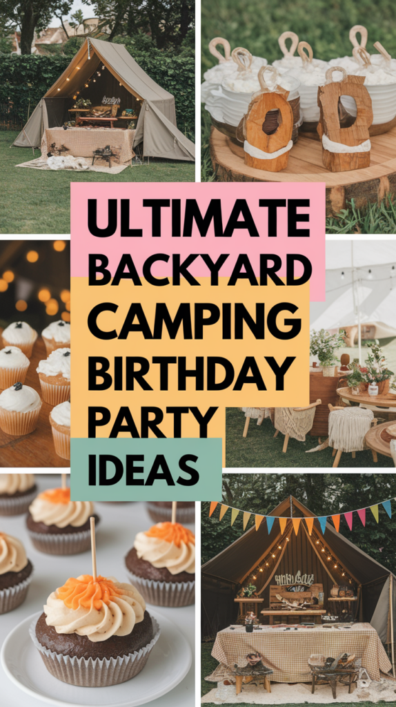 A collage of backyard camping birthday party ideas featuring a tent with string lights, outdoor seating with rustic decor, cupcakes with orange frosting, and a banner with the text "Ultimate Backyard Camping Birthday Party Ideas."