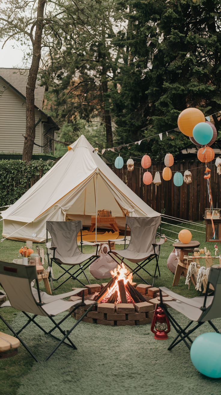 A cozy backyard setup featuring a large canvas tent, surrounded by camping chairs arranged around a raised stone fire pit. Colorful paper lanterns and balloons are hung on strings, providing a festive atmosphere. The area is lush with greenery and bordered by trees and a wooden fence.
