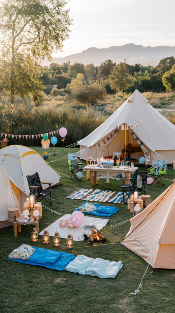 A campsite decorated for a birthday party with multiple tents on a grassy field. There is a large tent adorned with a "Happy Birthday" banner, chairs, a table with snacks and drinks, colorful balloons, and a lit fire pit surrounded by lanterns. Sleeping bags and blankets are laid out on the ground, and trees and mountains are visible in the background.
