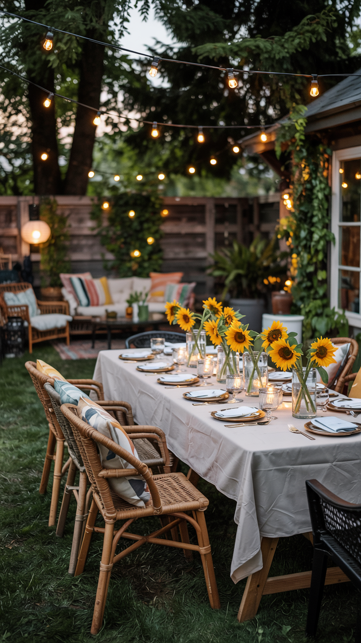 Outdoor dining area with a long table set with plates and cutlery, lined with vases of sunflowers and surrounded by wicker chairs. String lights hang overhead, and a cozy seating area is visible in the background.
