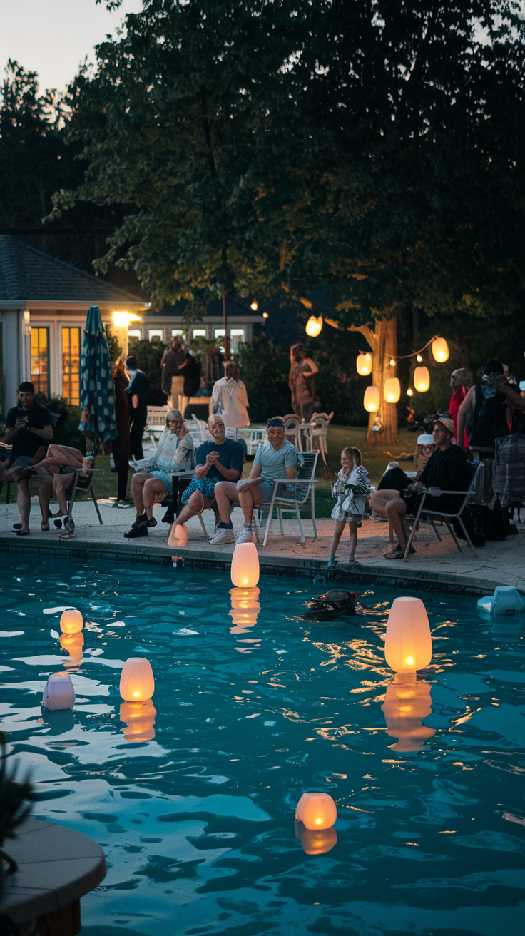 A gathering of people seated by a pool in the evening, illuminated by floating lanterns in the water and hanging lanterns in the trees nearby, with a relaxed backyard party atmosphere.