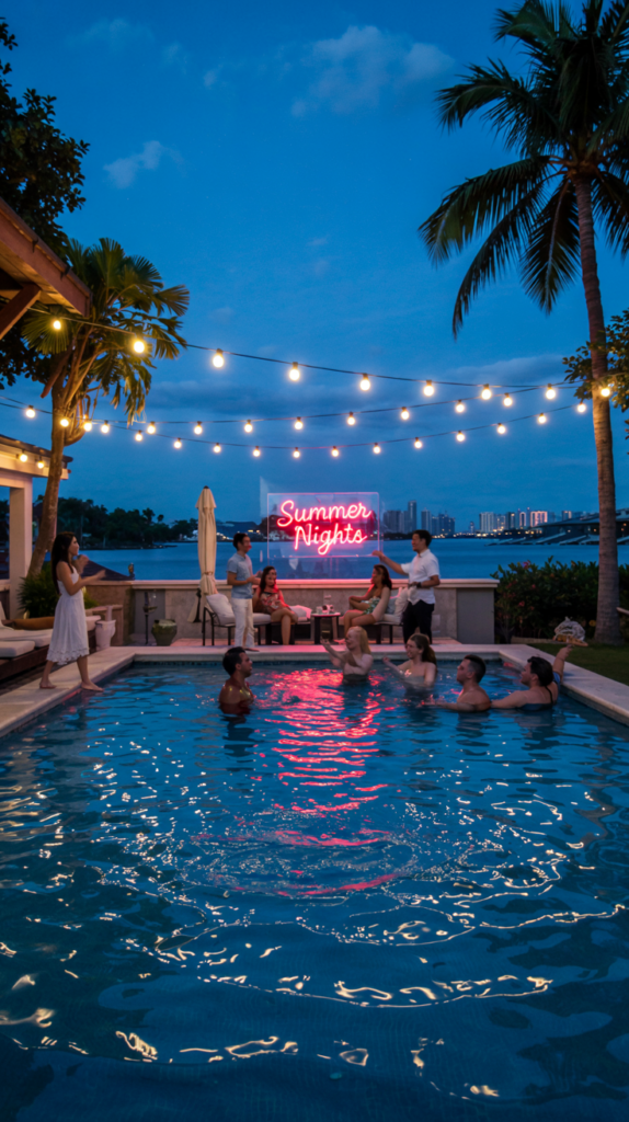A group of people enjoying a pool party at dusk, with string lights hanging above and a neon sign reading "Summer Nights" in the background. Palm trees and a city skyline are visible in the distance.
