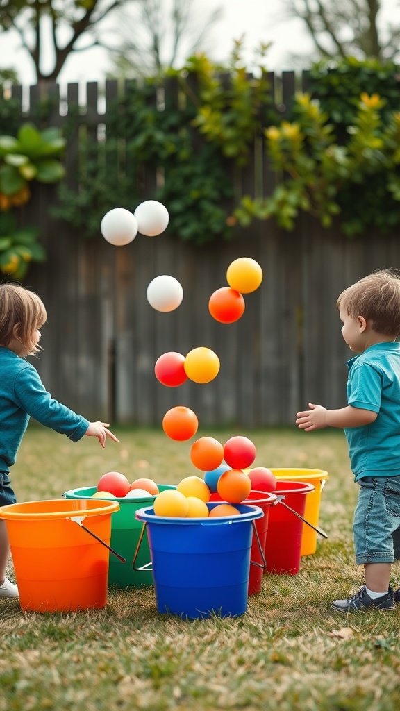 Two kids playing a ball toss game with colorful buckets in a grassy area.