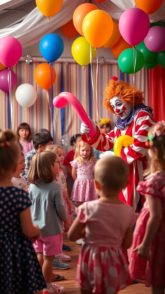 A clown teaches children how to make balloon animals at a party.