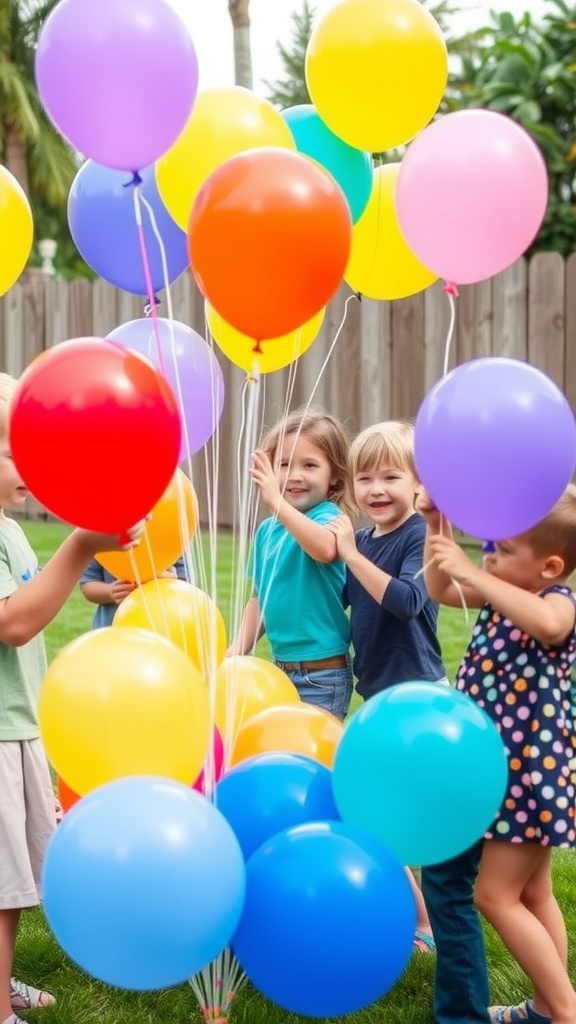 Kids participating in a balloon pop relay game with colorful balloons.