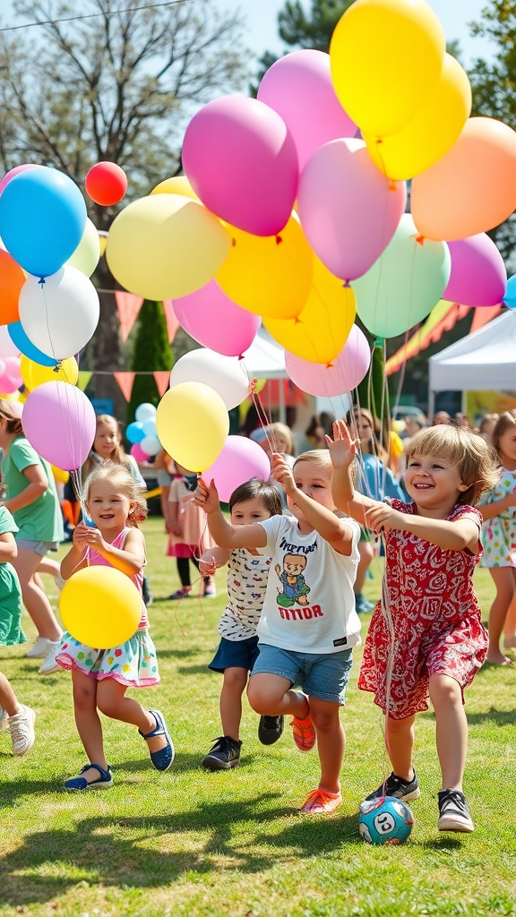 Children running and holding colorful balloons at an outdoor event.