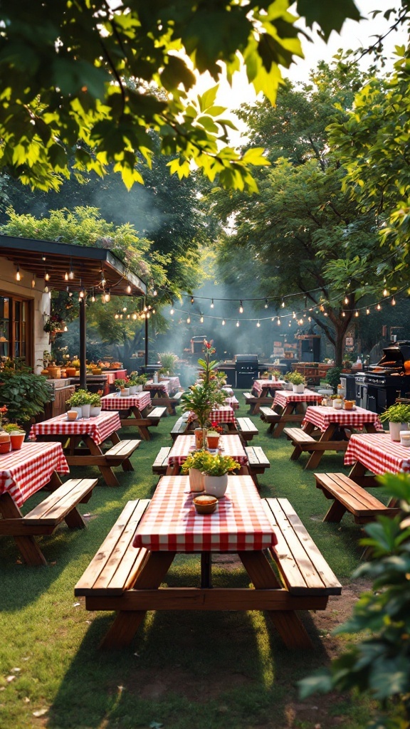 Outdoor barbecue setup with red-checkered tablecloths and string lights.