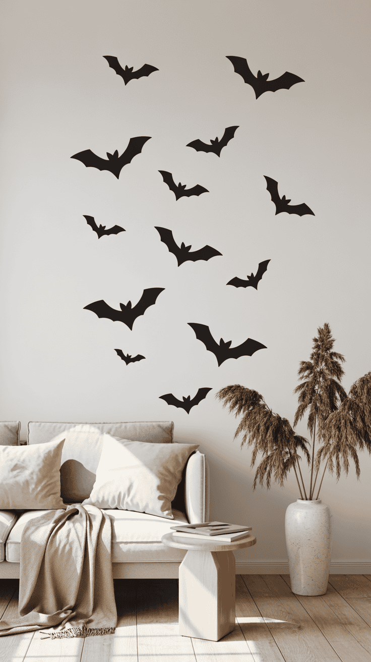 A modern living room with a light gray sofa, beige throw blankets, and pillows against a wall decorated with black bat silhouettes. A wooden side table holds a few books, and a large vase with dried grasses stands nearby on a wooden floor.