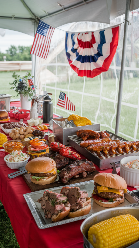 A large table covered with a red tablecloth features a spread of American barbecue food, including burgers, ribs, corn on the cob, coleslaw, and other sides. American flags and patriotic decorations hang above, suggesting a festive occasion, likely Independence Day, in an outdoor tent setting.