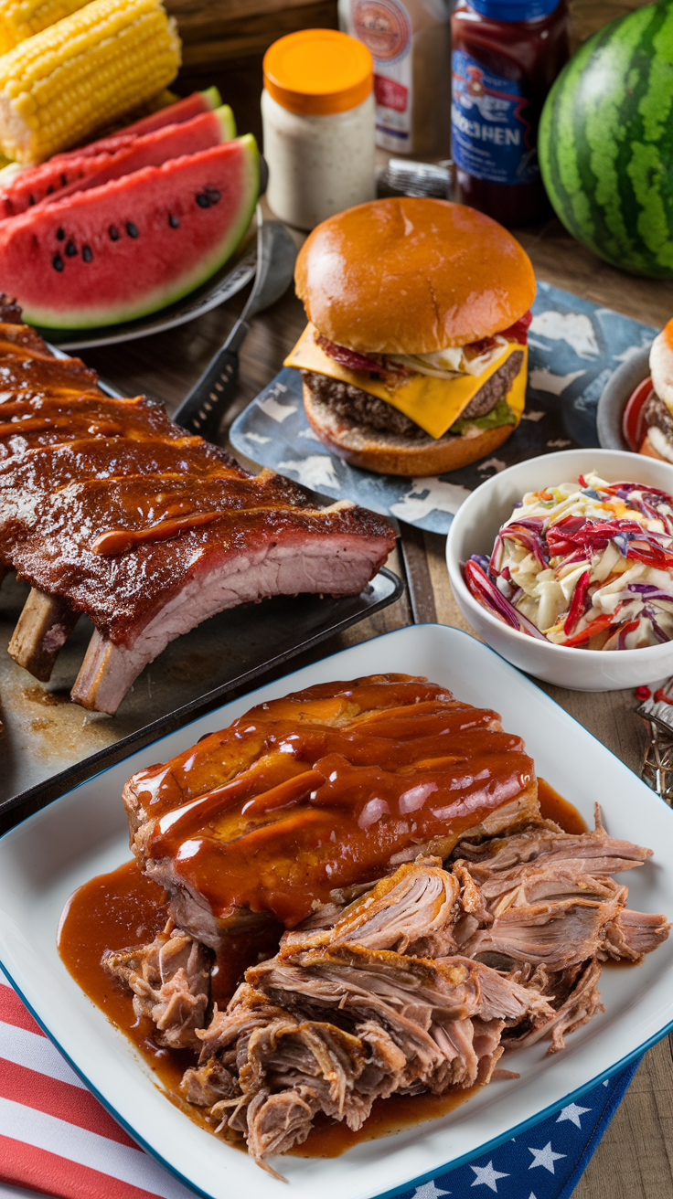 A barbecue spread featuring sliced smoked ribs, pulled pork with barbecue sauce, a cheeseburger, corn on the cob, watermelon slices, and a bowl of coleslaw.