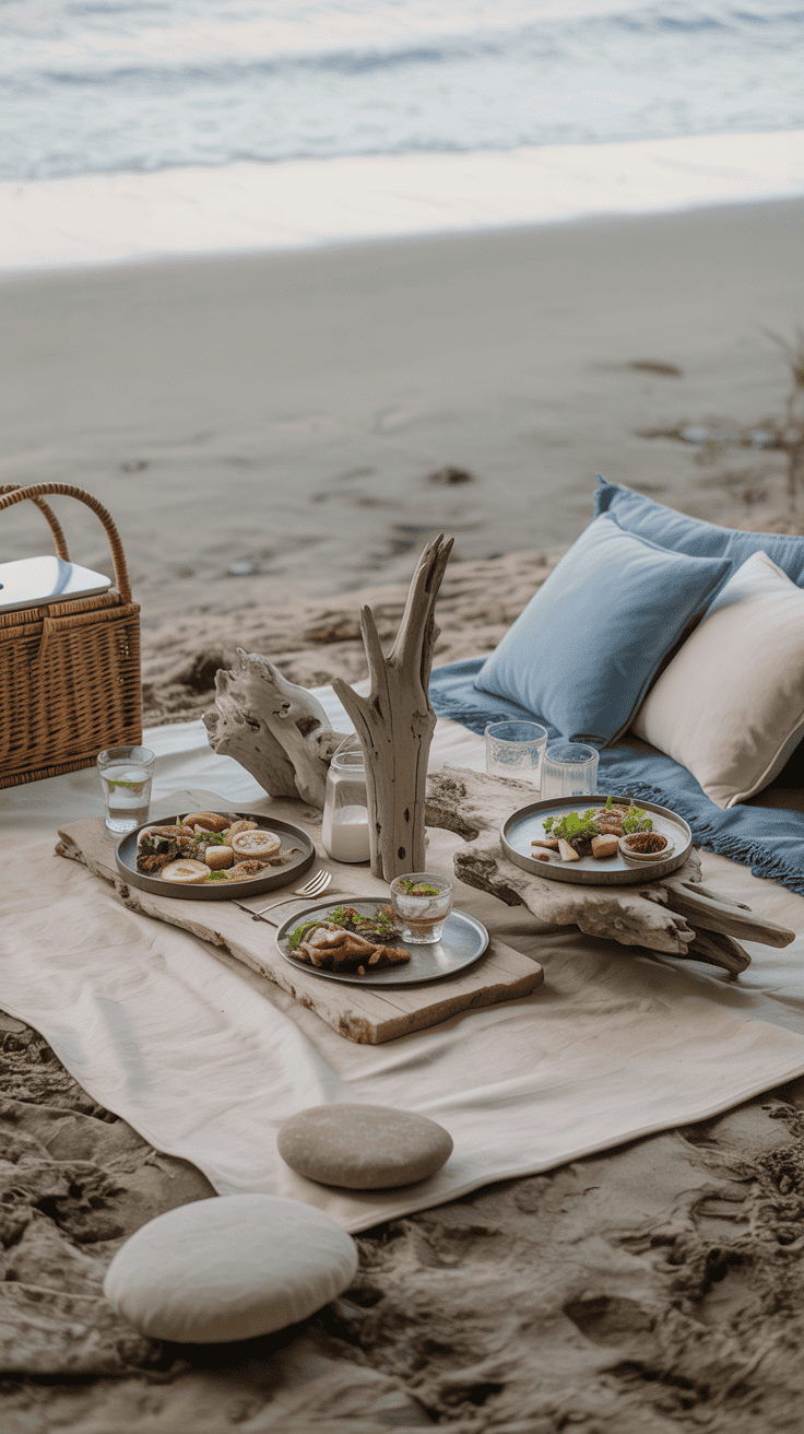 Beach Picnic Aesthetic Setup with Driftwood Decor