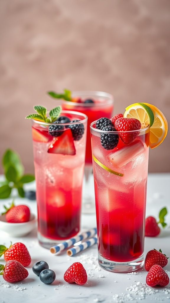 Three tall glasses filled with a vibrant red berry drink garnished with lemon slices, strawberries, blackberries, and mint leaves, set on a table with scattered berries and paper straws.