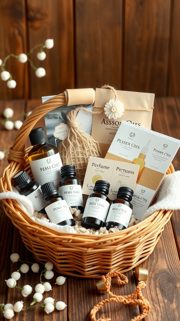 A beautifully arranged gift basket filled with essential oils and perfume samples.