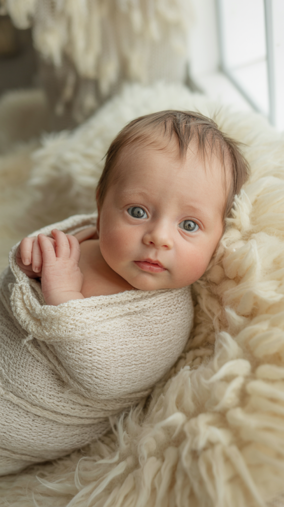 A baby with blue eyes wrapped in a knitted cream blanket, lying on a fluffy surface near a bright window.