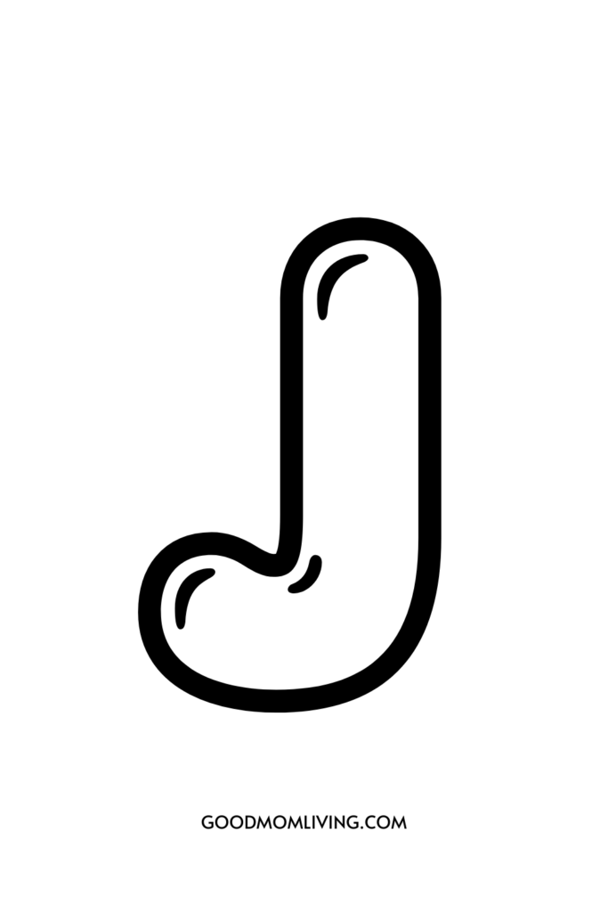Illustration of a stylized letter 'J' with a smiling face, featuring a curved line representing a mouth and a small arc for an eye, on a white background. The text 'GOODMOMLIVING.COM' is printed at the bottom.